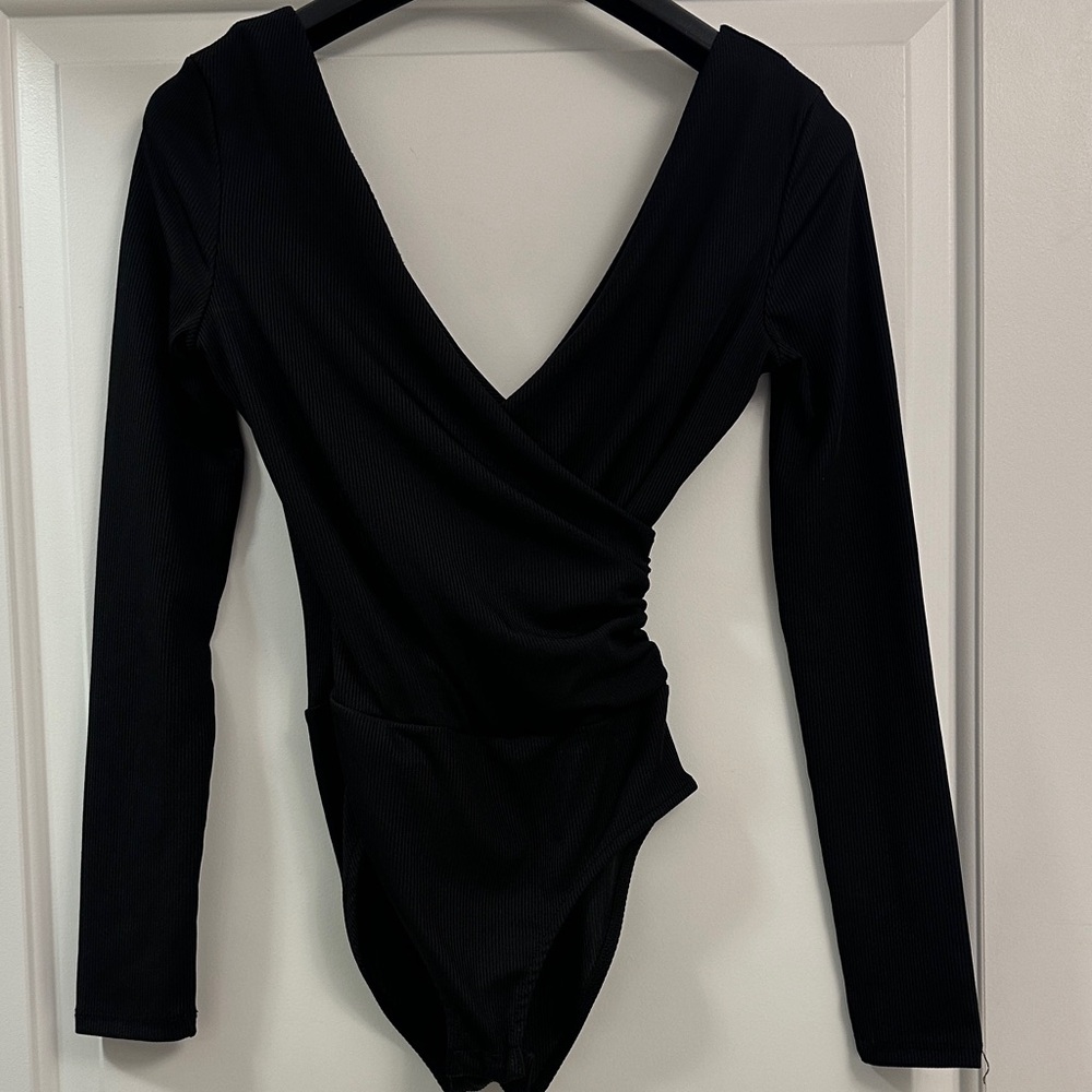 Black Long Sleeve Topshop Bodysuit with Gathered Waist and low V in front/back